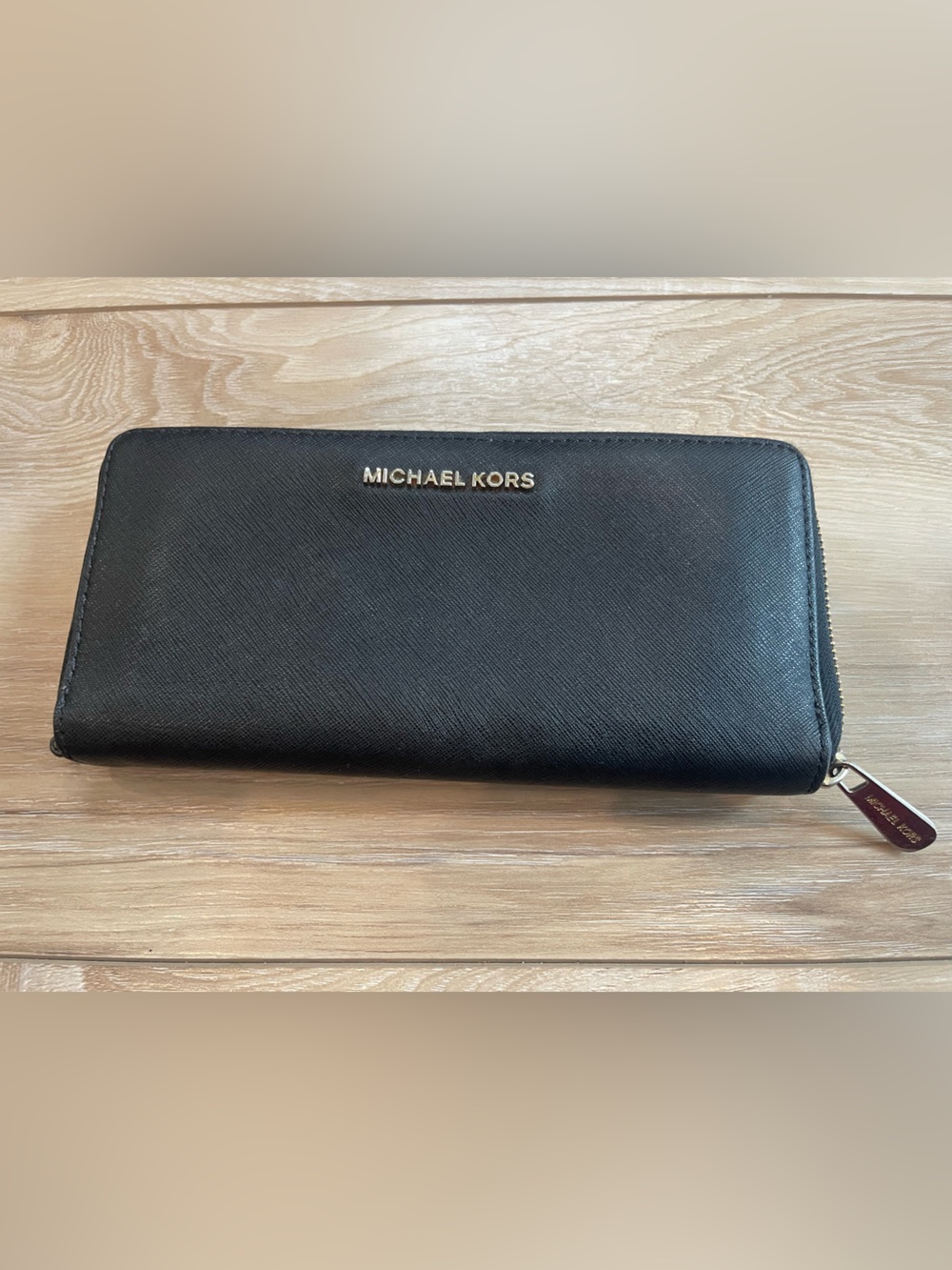 Michael Kors Black Saffiano Zip Around Continental Wallet Gold Hardware